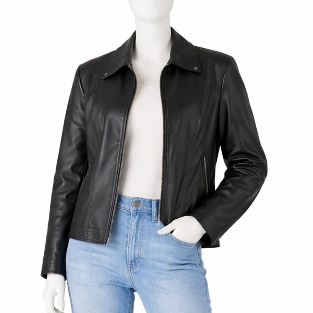 vintage Worthington Black Leather Jacket Womens Large Zip Front Genuine Leather